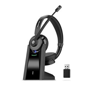 vonztek bluetooth headset, wireless headset with microphone noise canceling, on-ear headphones with charging base & usb dongle, v5.0 dual connect handsfree for work/call center/teams/pc/laptop