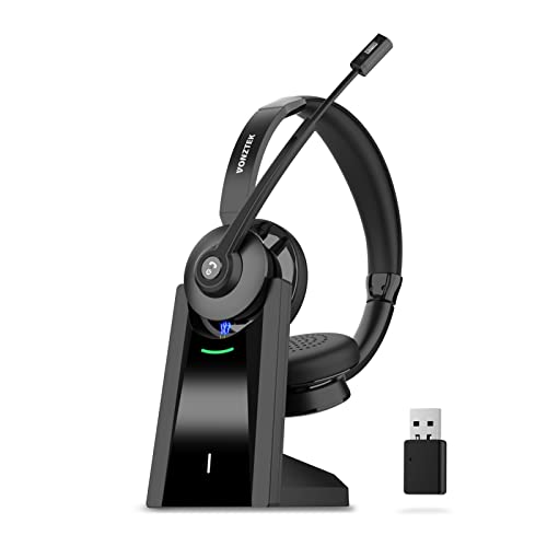 Vonztek Bluetooth Headset, Wireless Headset with Microphone Noise Canceling, On-Ear Headphones with Charging Base & USB Dongle, V5.0 Dual Connect Handsfree for Work/Call Center/Teams/PC/Laptop