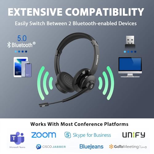 Vonztek Bluetooth Headset, Wireless Headset with Microphone Noise Canceling, On-Ear Headphones with Charging Base & USB Dongle, V5.0 Dual Connect Handsfree for Work/Call Center/Teams/PC/Laptop