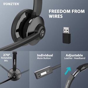 Vonztek Bluetooth Headset, Wireless Headset with Microphone Noise Canceling, On-Ear Headphones with Charging Base & USB Dongle, V5.0 Dual Connect Handsfree for Work/Call Center/Teams/PC/Laptop