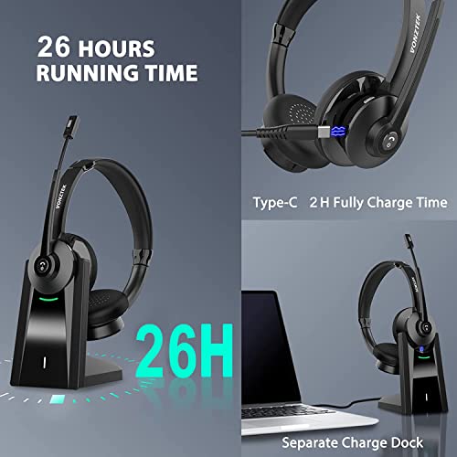 Vonztek Bluetooth Headset, Wireless Headset with Microphone Noise Canceling, On-Ear Headphones with Charging Base & USB Dongle, V5.0 Dual Connect Handsfree for Work/Call Center/Teams/PC/Laptop