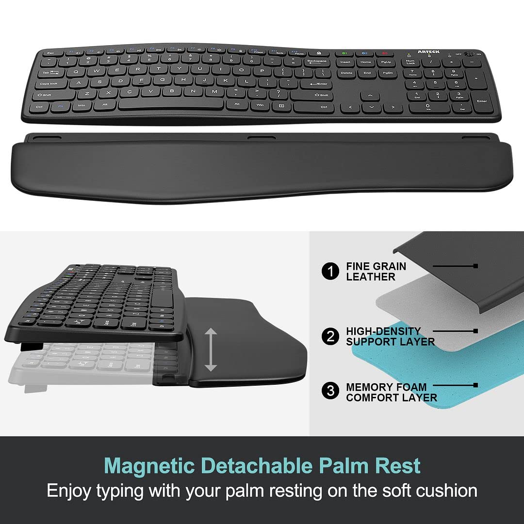 Arteck Bluetooth Keyboard Universal Wave Ergonomic Keyboard with Palm Rest Multi-Device Full Size Wireless Keyboard for Windows iOS iPad OS Android, Computer Desktop Laptop Surface Tablet Smartphone