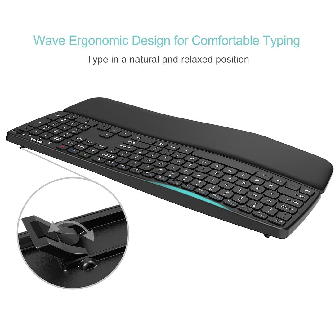 Arteck Bluetooth Keyboard Universal Wave Ergonomic Keyboard with Palm Rest Multi-Device Full Size Wireless Keyboard for Windows iOS iPad OS Android, Computer Desktop Laptop Surface Tablet Smartphone