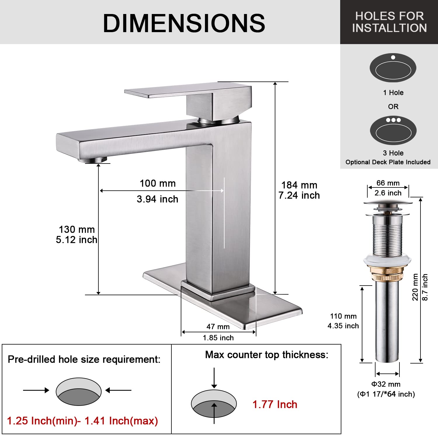 AVSIILE Brushed Nickel Bathroom Faucet, Single Hole Vanity Bath Faucet, Single Handle Modern Stainless Steel Bathroom Faucets for Sink 1 Hole with Pop Up Drain Stopper & Water Supply Hoses