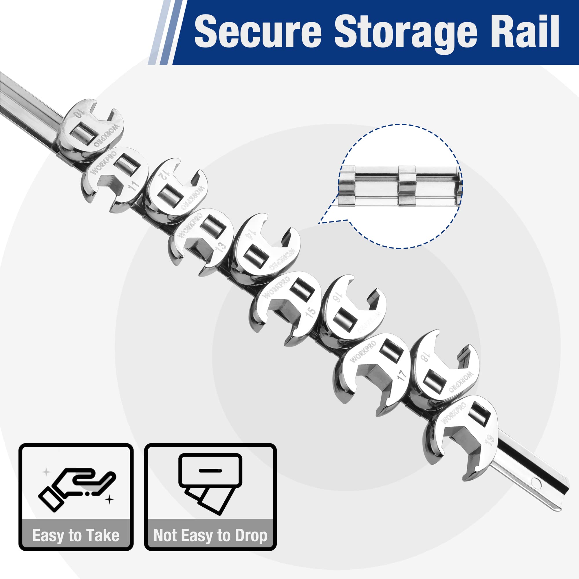 WORKPRO 3/8" Drive Flare Nut Wrench Set, 10-piece Crowfoot Flare Nut Tool Kit, Metric 10-19mm, Steel Wrench With Storage Rail for Nut Removal