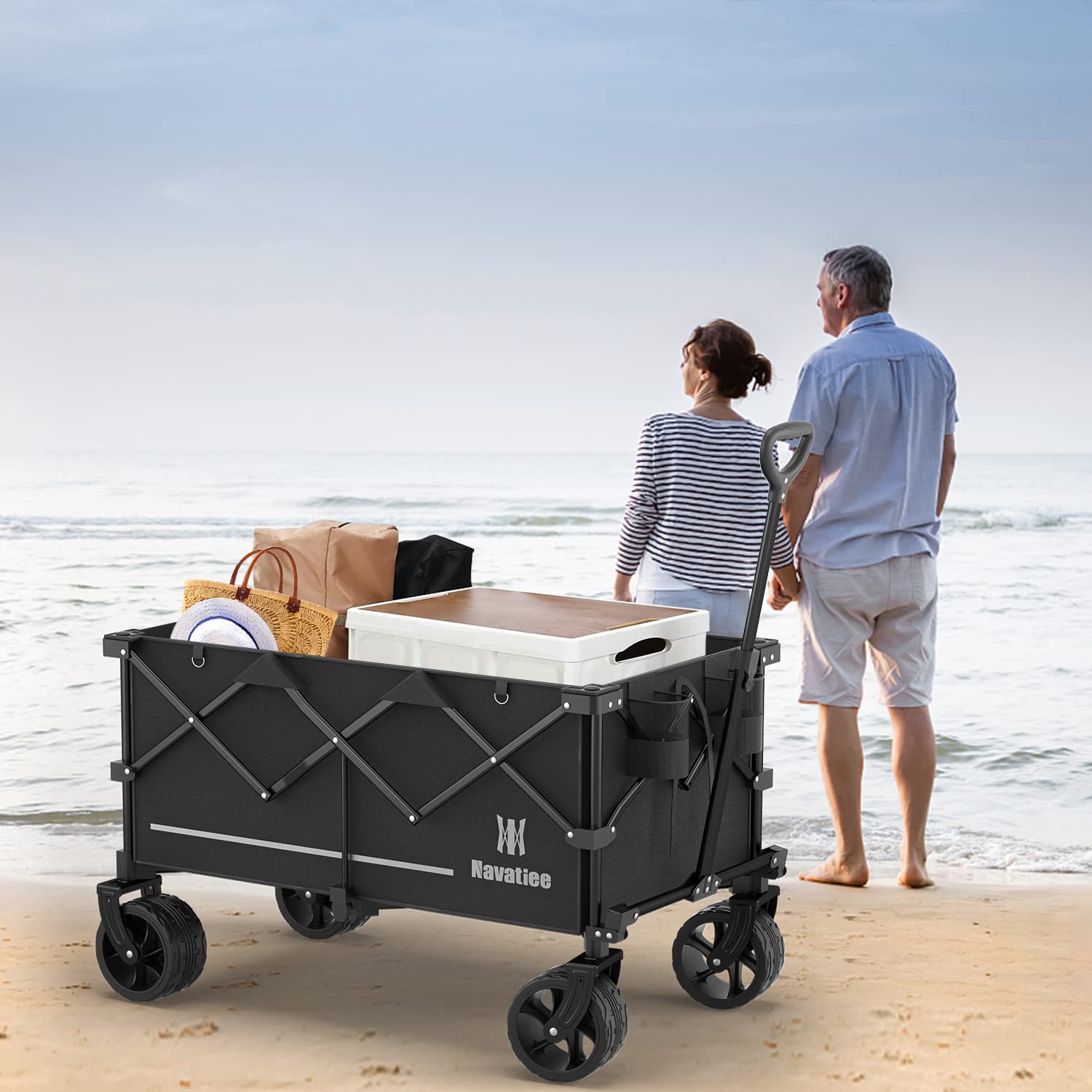 Navatiee Collapsible Folding Wagon with Big Wheels, All Terrain Beach Wagon Cart Heavy Duty Foldable for Sand, Utility Grocery Wagon for Camping Outdoor Sports, T1