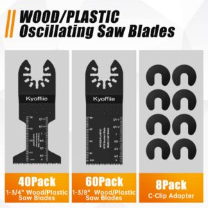 Kyoffiie 100Pcs Oscillating Saw Blades, Quick Release Multi Tool Blades Kits Universal Oscillating Tool Blades Wood Plastic Multitool Blades Compatible with Dewalt, Ryobi, Makita, Bosch, Craftsman