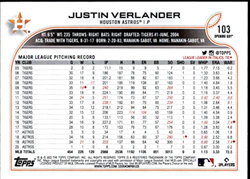 2022 Topps Opening Day #103 Justin Verlander Houston Astros MLB Baseball Trading Card