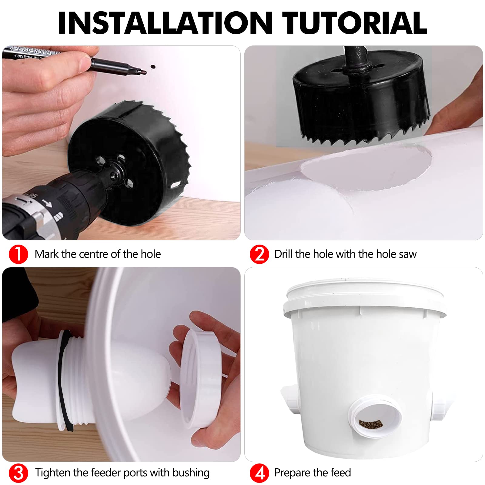 6 Pack DIY Chicken Feeder Kit, No Waste Poultry Feeder Port Gravity Feed Kit for Buckets, Barrels, Bins | Rian Proof (6 Feeder Ports with Hole Saw)