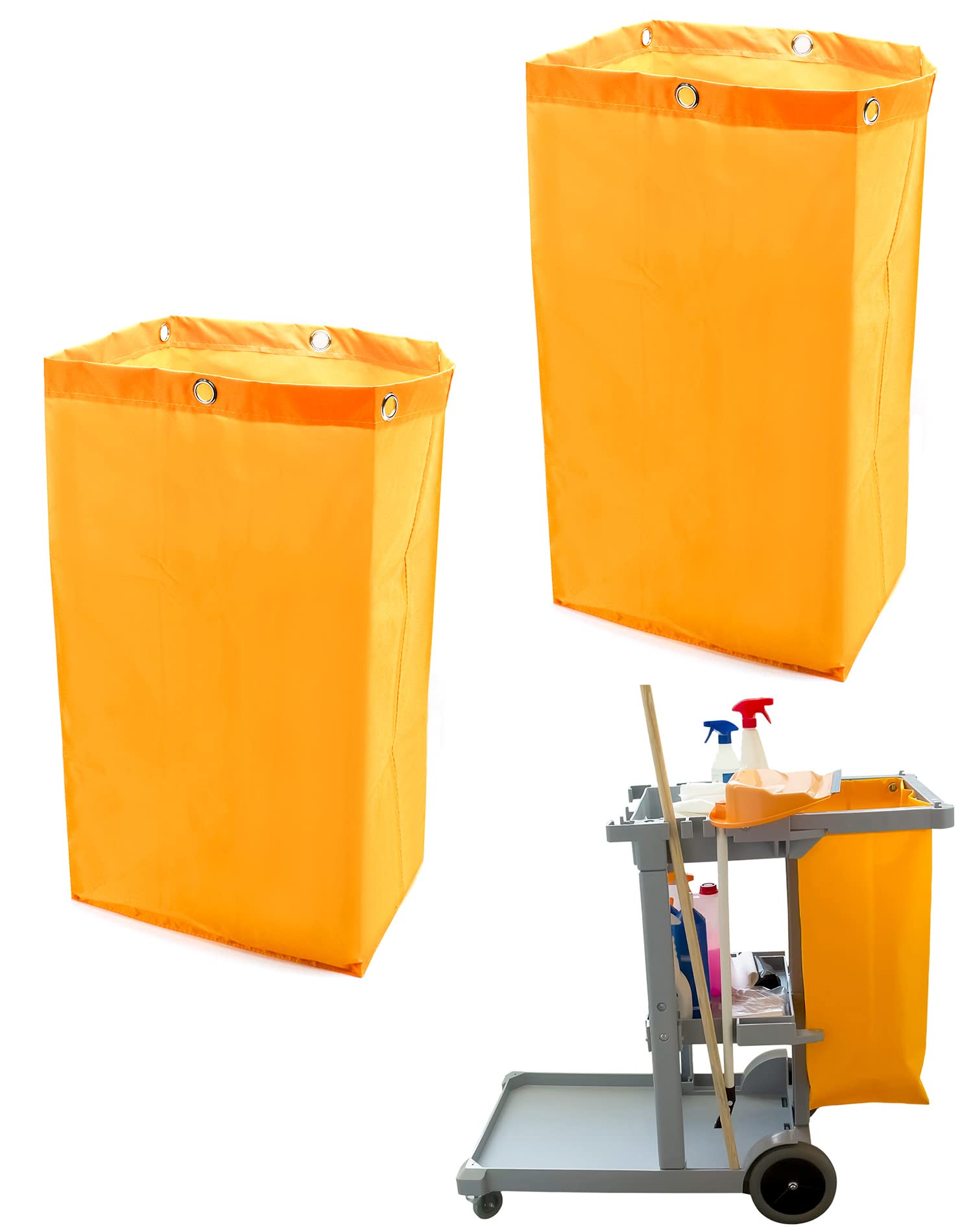 QWORK Janitorial Cart Bag, 24 Gallon Waterproof Large Capacity Padded Housekeeping Commercial Replacement Cleaning Cart Bag for Collecting Trash or Clothing (Yellow), 2 Pack