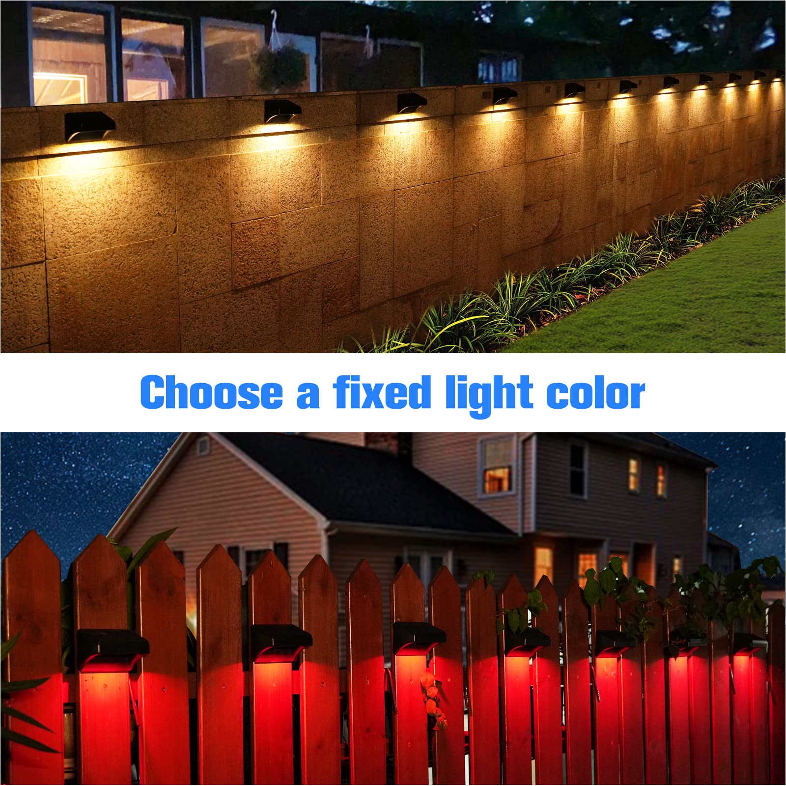 Solar Lights for Fence with 8 Solid Colors, Warm White Solar Wall Lights Outdoor Waterproof, Fence Lights Solar Powered, Outdoor Decor Accent ligths for Patio, Pool, Fence Line, Backyard. (8pack)