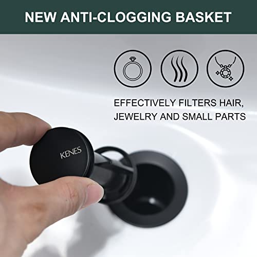 KENES Bathroom Sink Drain Stopper Pop up Sink Drain with Overflow, Matte Black Pop Up Drain Stopper Anti Clog Pop Up Drain Stopper for Vanity Vessel Sink