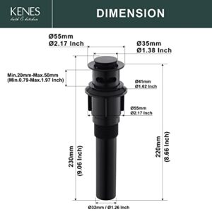 KENES Bathroom Sink Drain Stopper Pop up Sink Drain with Overflow, Matte Black Pop Up Drain Stopper Anti Clog Pop Up Drain Stopper for Vanity Vessel Sink