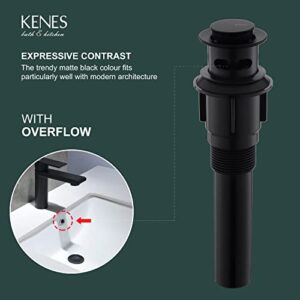 KENES Bathroom Sink Drain Stopper Pop up Sink Drain with Overflow, Matte Black Pop Up Drain Stopper Anti Clog Pop Up Drain Stopper for Vanity Vessel Sink