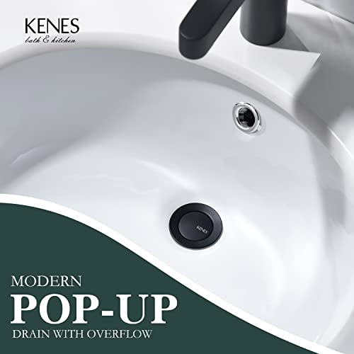 KENES Bathroom Sink Drain Stopper Pop up Sink Drain with Overflow, Matte Black Pop Up Drain Stopper Anti Clog Pop Up Drain Stopper for Vanity Vessel Sink