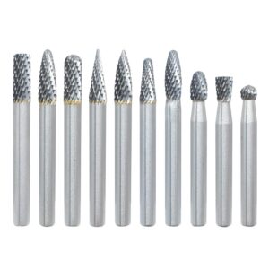 10pcs carbide burr set 1/4 inch shank, head dia 6mm die grinder bits, double cut solid tungsten rotary files for steel and wood working, grinding, carving, and engraving