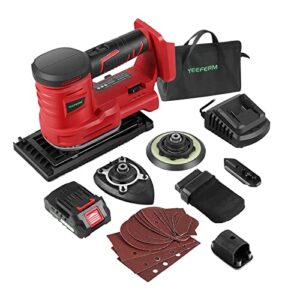 cordless multi-function detail sander,yeeferm 20v sander with 5 different sanders and 15pcs sandpapers,10000 opm with dust bag for wood sanding diy project,2.0 battery and fast charger included