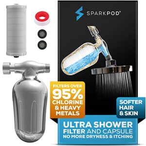 sparkpod ultra shower filter- shower head water filter & cartridge- 150 stage equivalent, removes up to 95% of chlorine, heavy metals for soft hair and skin (luxury polished chrome)