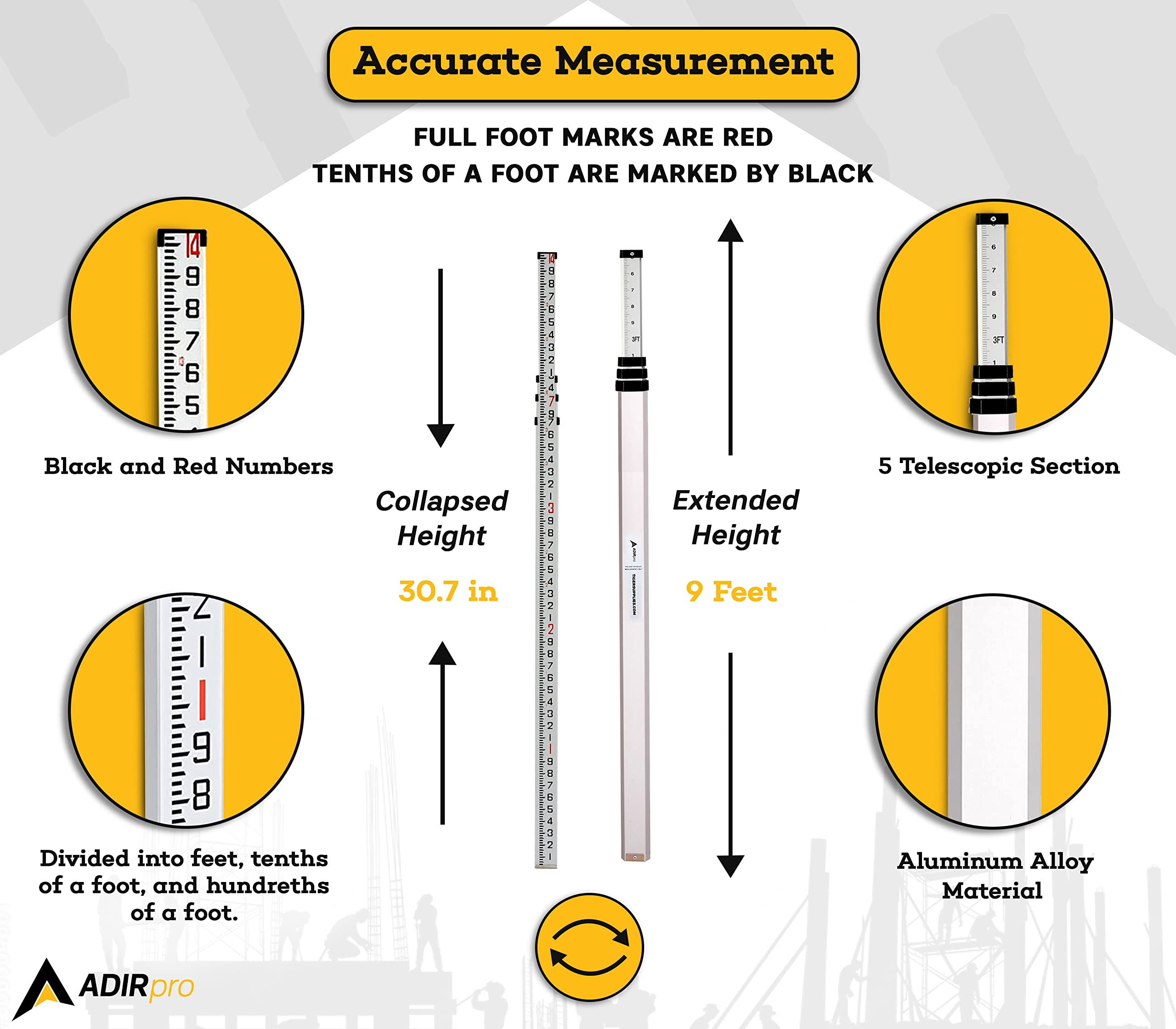 AdirPro Universal Rotary Laser Detector & AdirPro 14-Foot Aluminum Grade Rod Bundle