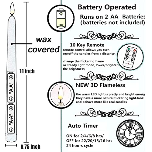 NONNO & ZGF 4 Pack Black 11'' LED Wax Covered Taper Candles, Use 2-AA Battery(not Included Runs 200 Hours,Remote Control, Flameless Battery Operated Decor Candle, Warm White LED