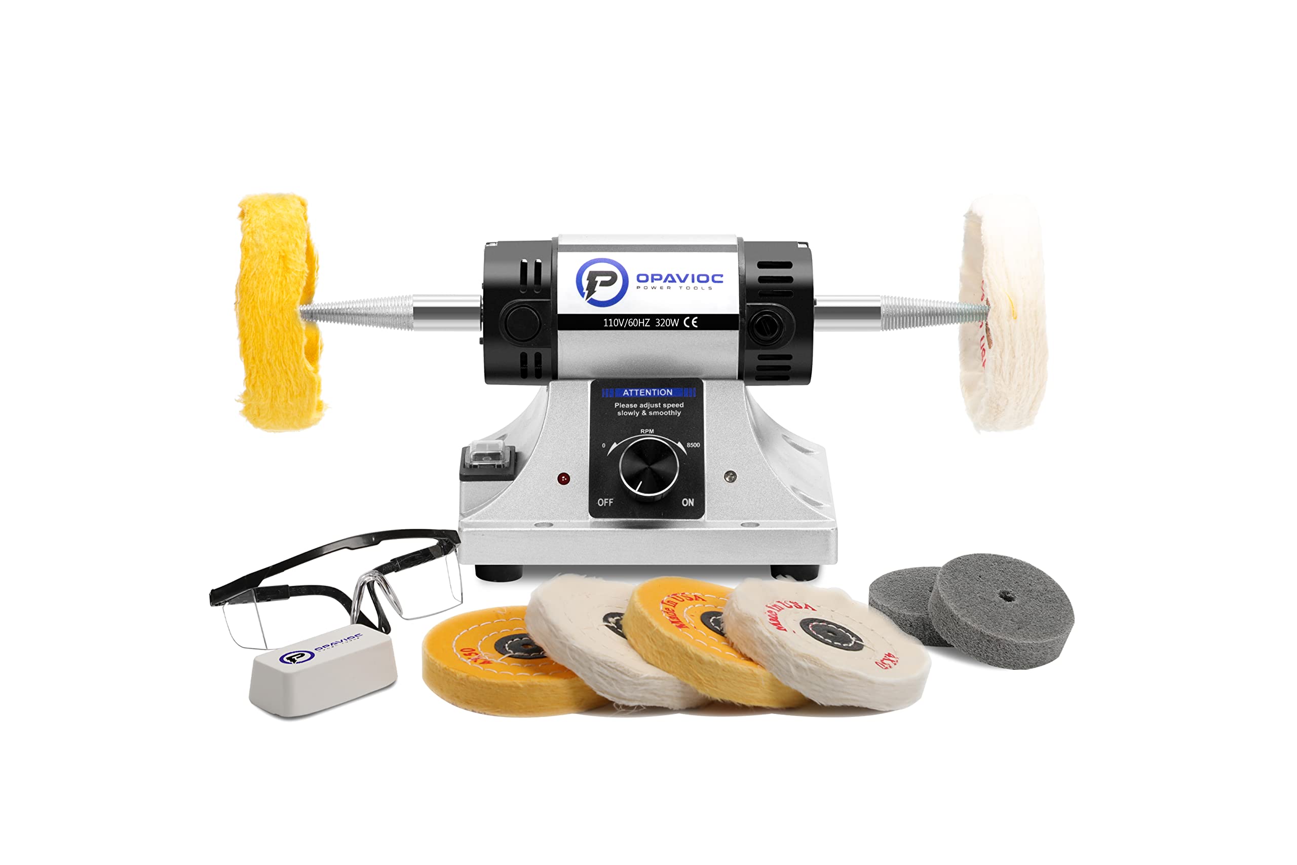 OPAVIOC Jewelry Polisher - Adjustable Variable Speed Bench Grinder Polishing & Buffing Machine, Dental Buffer & Lathe - Includes 6 Cloth Wheels, 2 Abrasive Fiber Wheels, Safety Glass, Polish Compound