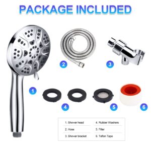 High Pressure Handheld Shower Head 6 Spray Settings Detachable High Flow Powerful Showerhead with 59" Stainless Steel Hose and Multi Angle Adjustable Shower Bracket, Easy to Install, Chrome