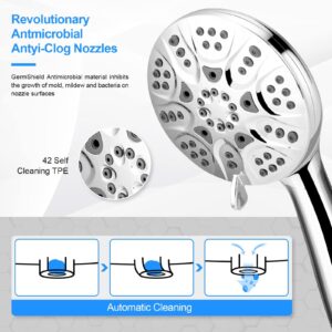 High Pressure Handheld Shower Head 6 Spray Settings Detachable High Flow Powerful Showerhead with 59" Stainless Steel Hose and Multi Angle Adjustable Shower Bracket, Easy to Install, Chrome