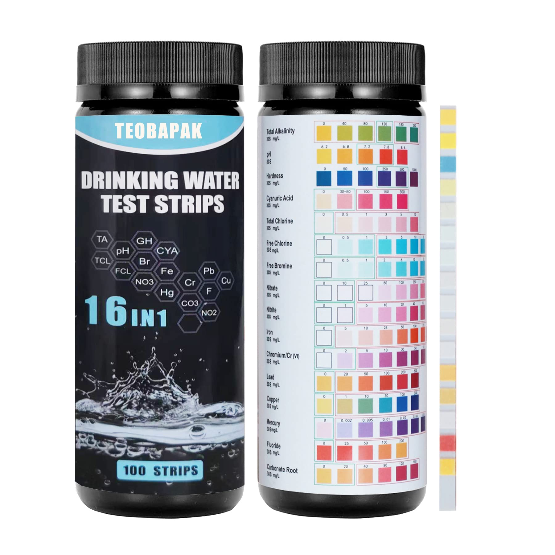 TEOBAPAK 16 in 1 Water Testing Kits for Drinking Water, 100 PCS Drinking Water Test Strips, Tap & Well Water Test Kit with Hardness, pH, Total Alkalinity, Mercury, Lead, Iron & More