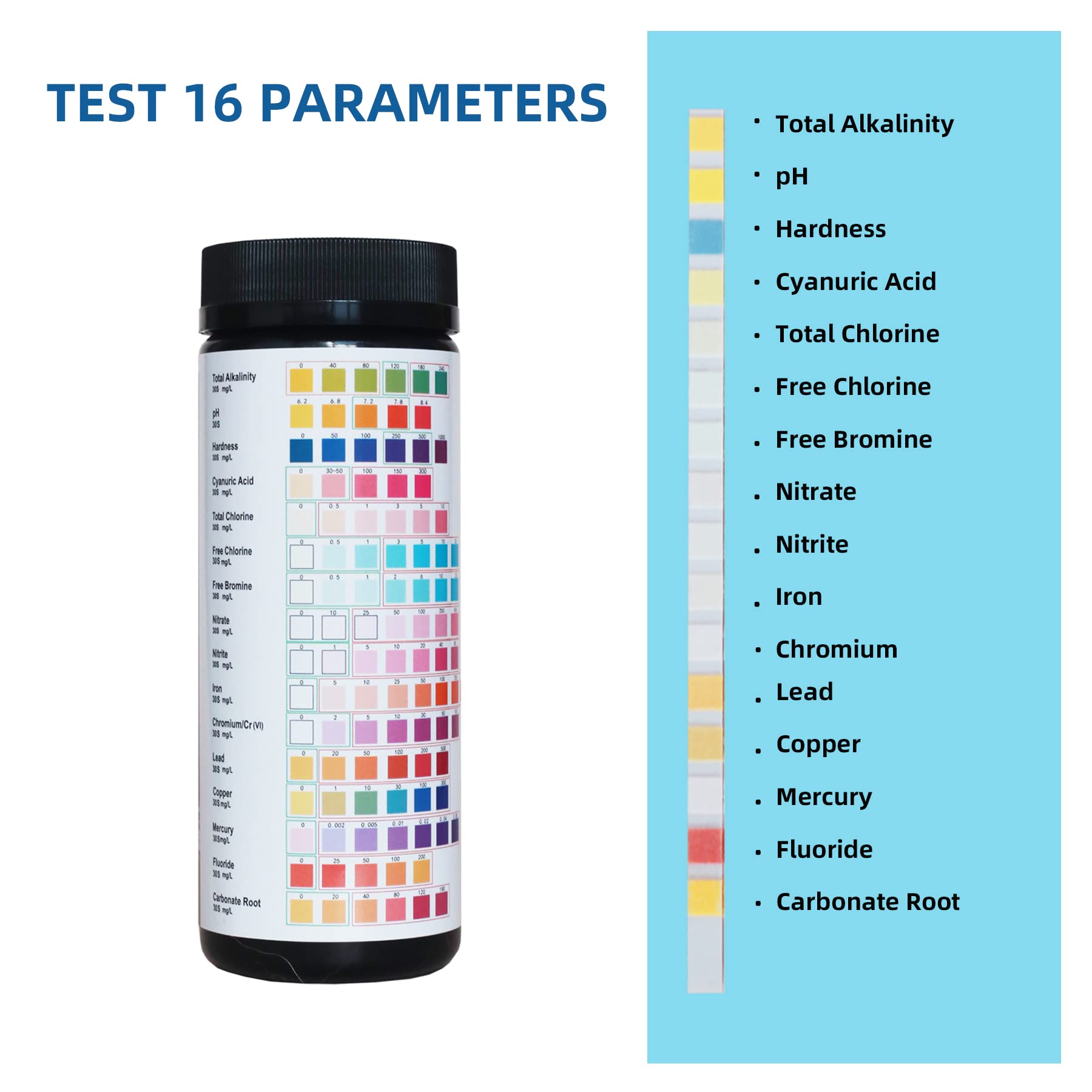 TEOBAPAK 16 in 1 Water Testing Kits for Drinking Water, 100 PCS Drinking Water Test Strips, Tap & Well Water Test Kit with Hardness, pH, Total Alkalinity, Mercury, Lead, Iron & More