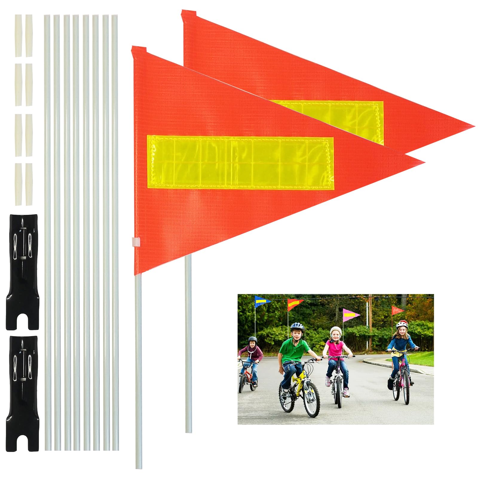 Bike Safety Flag with Pole 2 Sets, 6-Foot Adjustable Height Sturdy Fiberglass Tear-Resistant Waterproof Orange Safety Flag (Red Yellow and White)