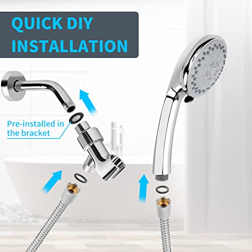 High Pressure Shower Head with Handheld,5-Settings Handheld Shower Head, High Flow with 59 Inch Stainless Steel Hose and Adjustable Bracket Teflon Tape Rubber Washers Easy Install