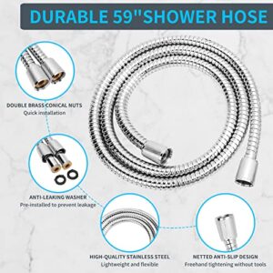 High Pressure Shower Head with Handheld,5-Settings Handheld Shower Head, High Flow with 59 Inch Stainless Steel Hose and Adjustable Bracket Teflon Tape Rubber Washers Easy Install