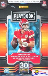 2021 panini playbook football factory sealed 30 card hanger box with (5) exclusive purple & 1 sparkle parallels! look for rcs & autos of mac jones, trevor lawrence, trey lance & many more! wowzzer!