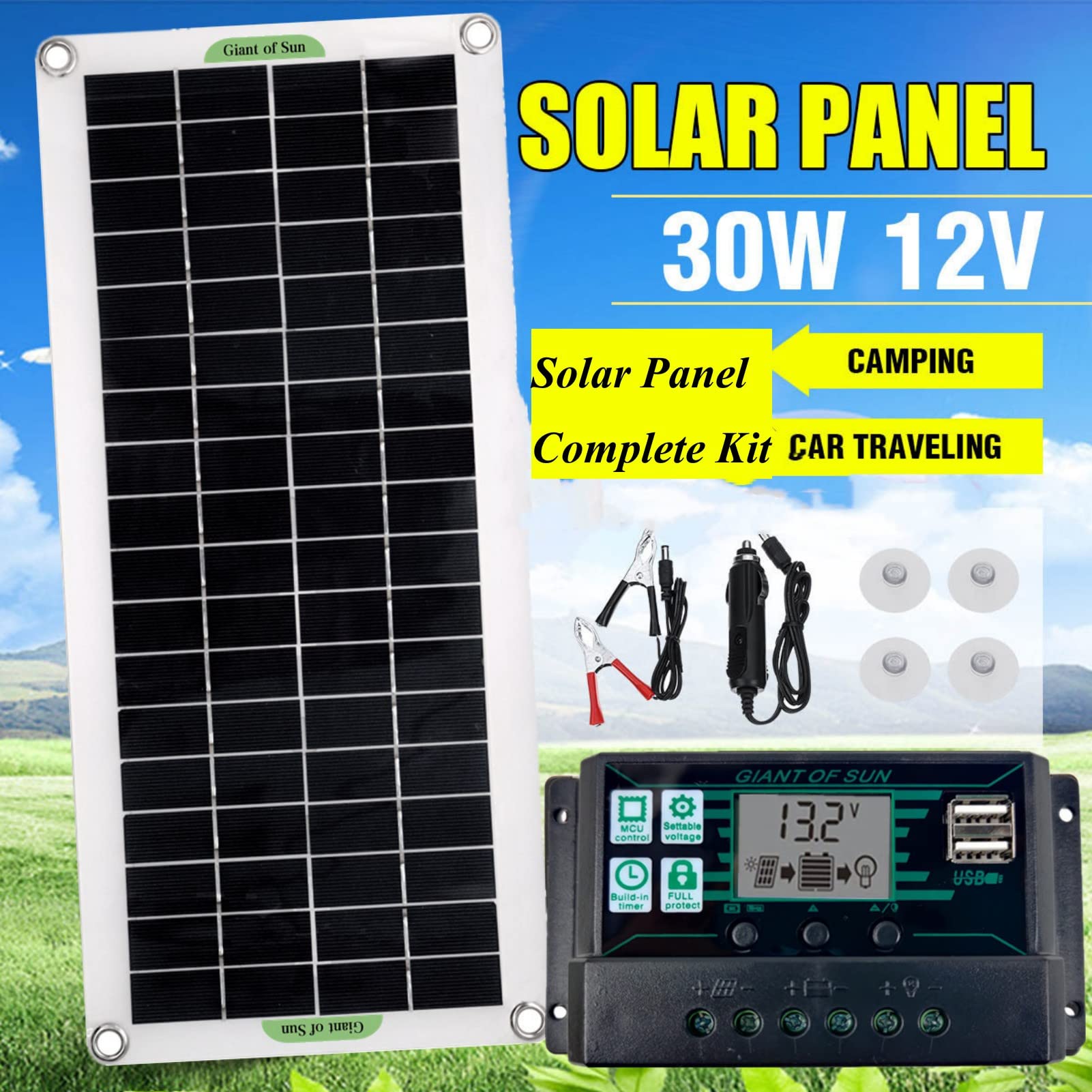 Cryfokt 30W 12V 24V Solar Panel Kit, Solar Panel Maintainer with Voltage Controller and SAE Cable Adapters, Solar Battery for Car, RV, Boat, Marine, Trailer