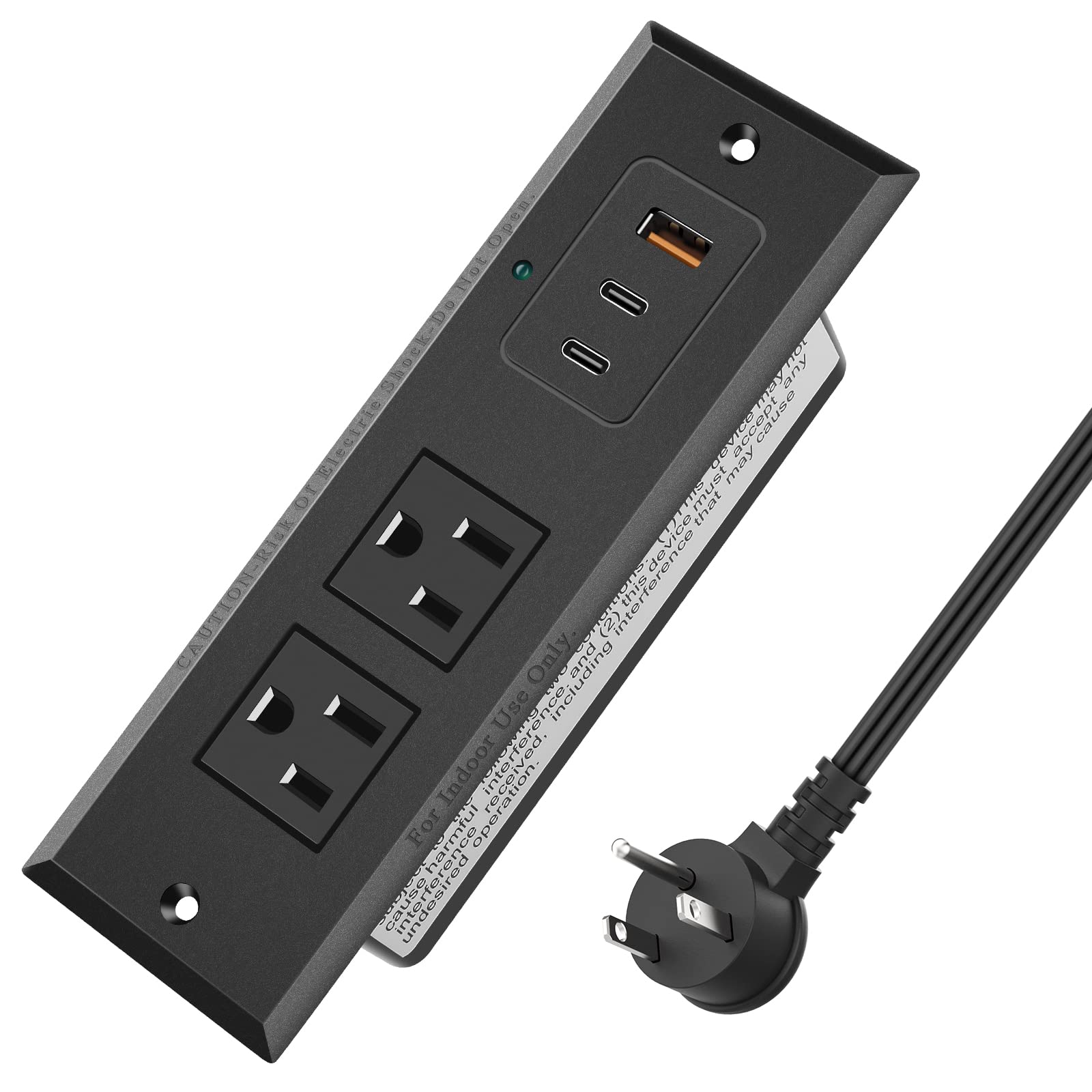 Black Type-C Recessed Power Socket, 20W PD Fast Charging USB-C QC3.0 3A USB-A Power Strip, Plug in 2 Outlets & 1 USB-A Ports &2 USB-C Port,Connect Flat Plug 6.5ft Extension Cord