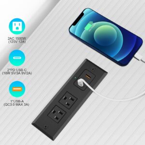 Black Type-C Recessed Power Socket, 20W PD Fast Charging USB-C QC3.0 3A USB-A Power Strip, Plug in 2 Outlets & 1 USB-A Ports &2 USB-C Port,Connect Flat Plug 6.5ft Extension Cord