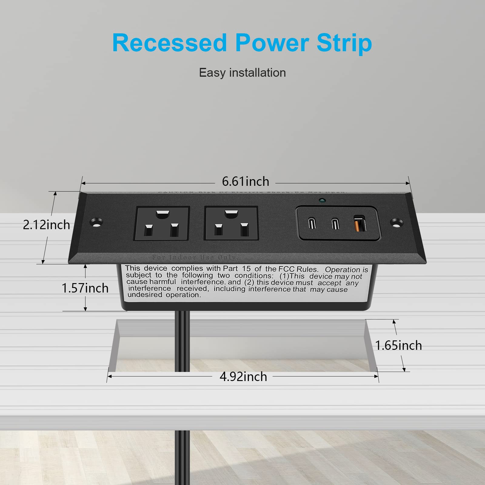 Black Type-C Recessed Power Socket, 20W PD Fast Charging USB-C QC3.0 3A USB-A Power Strip, Plug in 2 Outlets & 1 USB-A Ports &2 USB-C Port,Connect Flat Plug 6.5ft Extension Cord