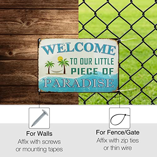 ManRule Welcome to Our Little Piece of Paradise Welcome Sign for Front Door, Metal Signs Vintage for Home Swimming Pool River Beach Farmhouse Garden Outdoor Funny Wall Decor, 12 * 8 inches