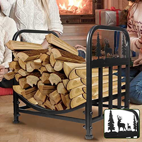 Firewood Rack Outdoor-Heavy Duty Indoor Wood Storage Black Powder Coated Steel Log Rack Wood Holder for Fireplace,Patio, Wood Pile Storage Stacker Organizer with Christmas Elements