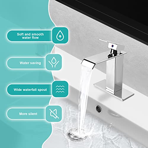 M OUDEMEI Waterfall Spout Bathroom Sink Faucet, 4 Inch Centerset Vanity Sink Faucet, Single Handle Lavatory Faucet, Mixer Tap with Deck Plate for 1 OR 3 Hole Easy Installation (Chrome)