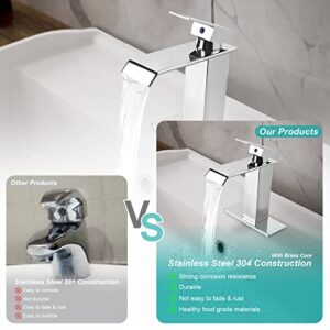 M OUDEMEI Waterfall Spout Bathroom Sink Faucet, 4 Inch Centerset Vanity Sink Faucet, Single Handle Lavatory Faucet, Mixer Tap with Deck Plate for 1 OR 3 Hole Easy Installation (Chrome)