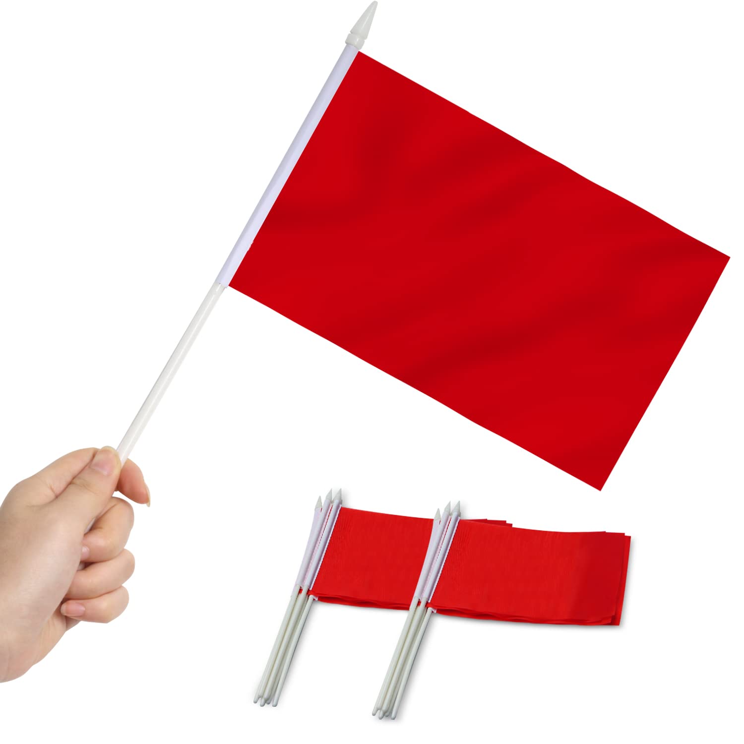 Anley Red Mini Flag 12 Pack - Hand Held Small Miniature Solid Red Blank Flags on Stick - Fade Resistant & Vivid Colors - 5x8 Inch with Solid Pole & Spear Top