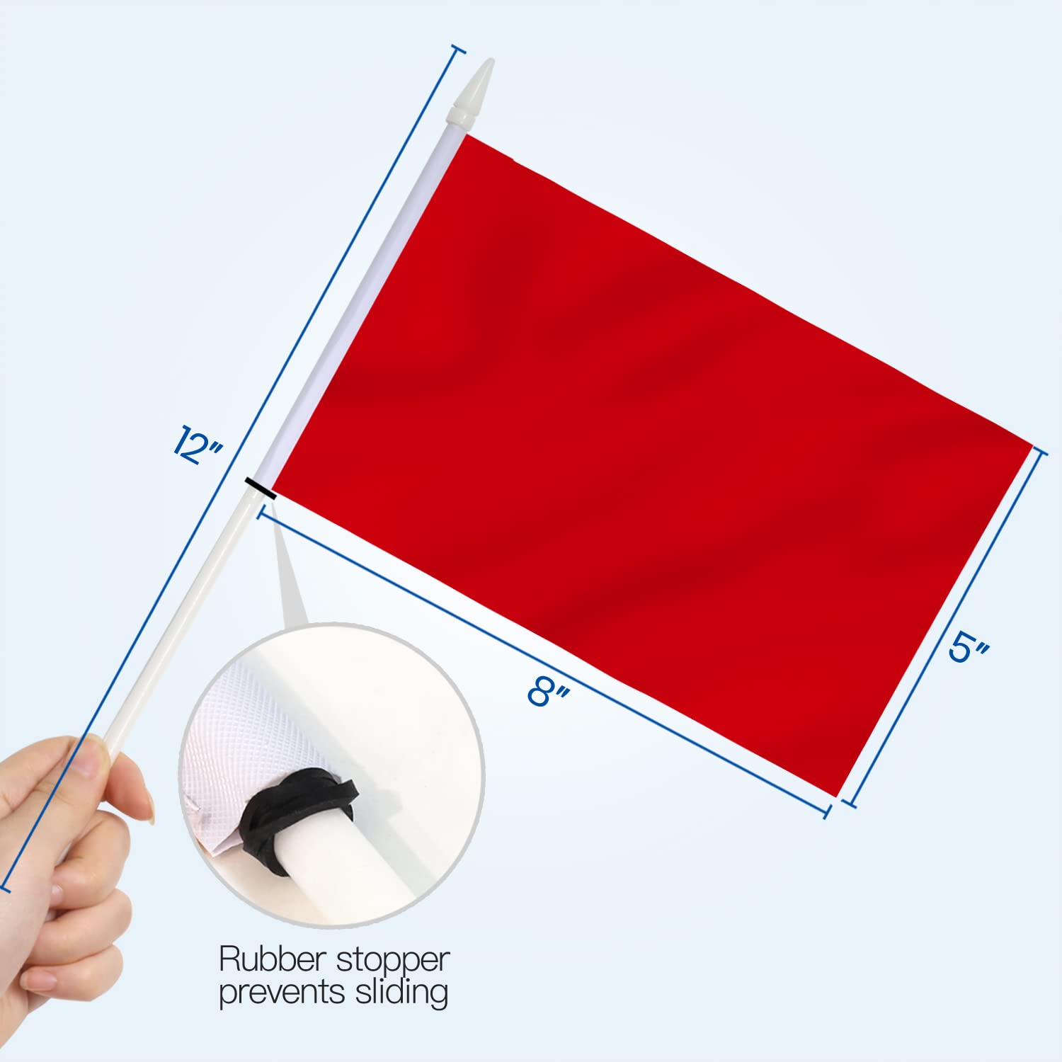 Anley Red Mini Flag 12 Pack - Hand Held Small Miniature Solid Red Blank Flags on Stick - Fade Resistant & Vivid Colors - 5x8 Inch with Solid Pole & Spear Top