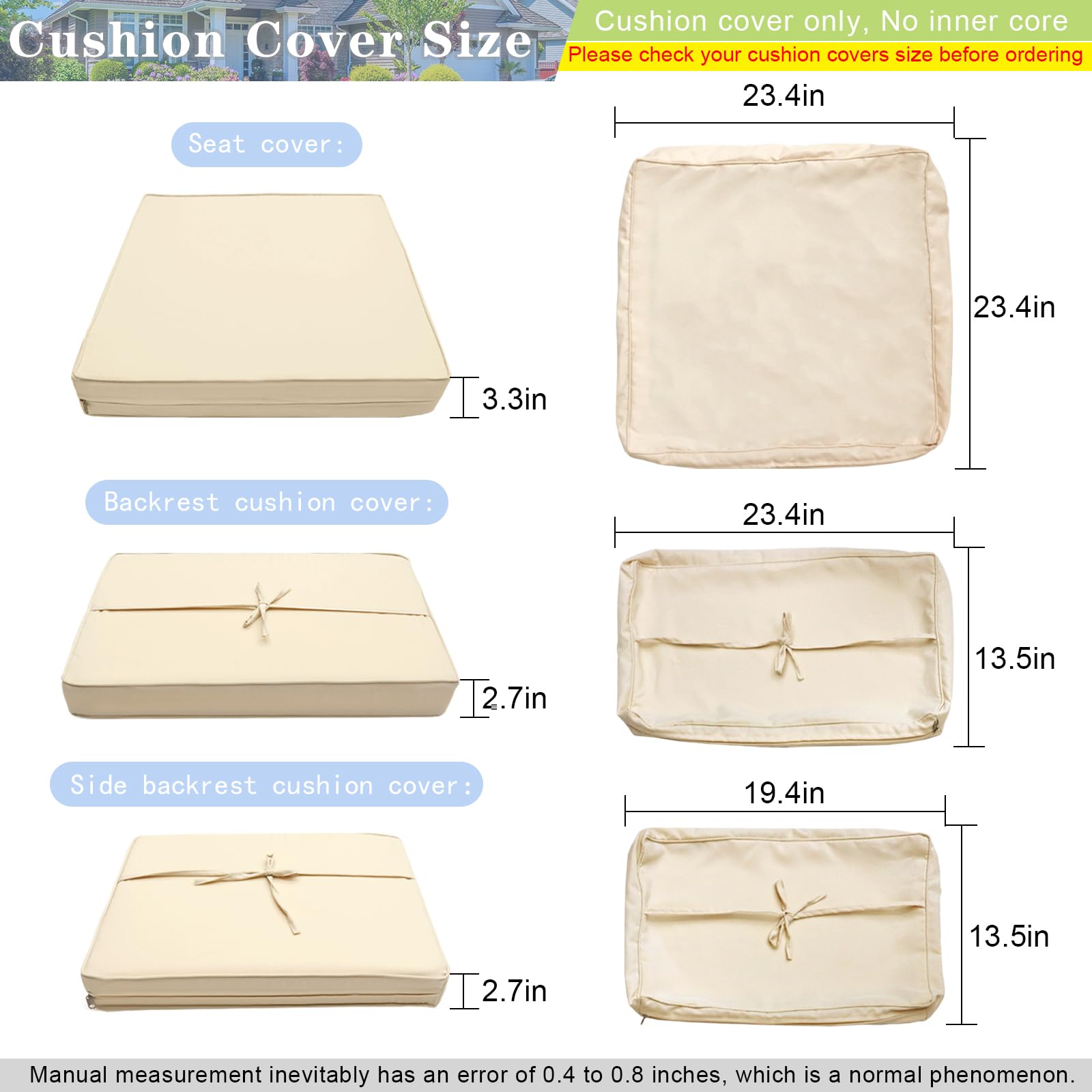 Qaworci Outdoor Cushion Slipcovers, Waterproof Patio Cushion Covers Replacement, Washable Patio Cushion Covers, Cushion Covers for Patio Furniture with Zipper (23.6 * 23.6 * 3.5 inches-14, Beige)