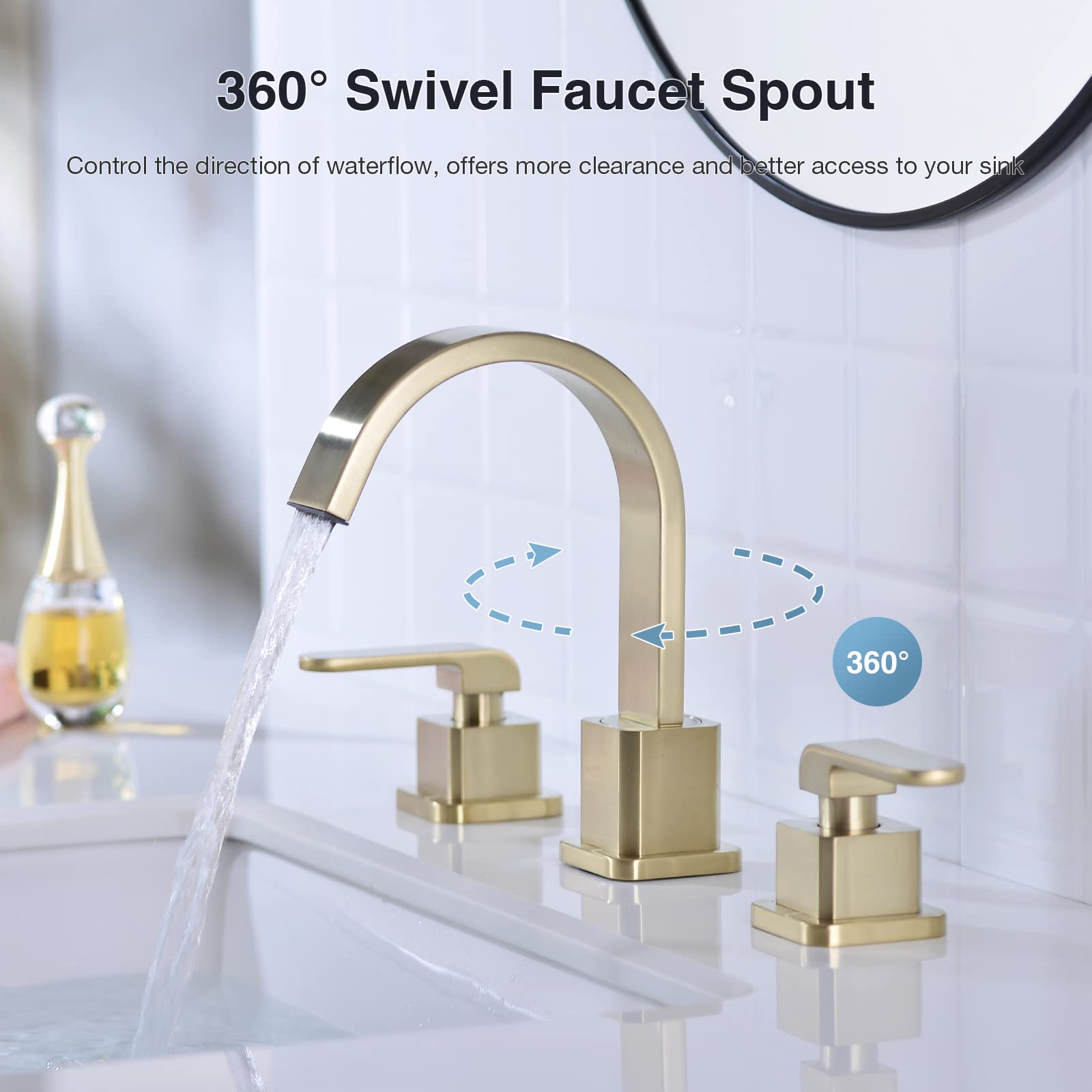 DIKUROOMS Brushed Gold 8-Inch Deck Mount Bathroom Faucet with 3-Hole Brass Square Shaped Waterfall Aerator, 2-Handle Design, Drain Assembly Included