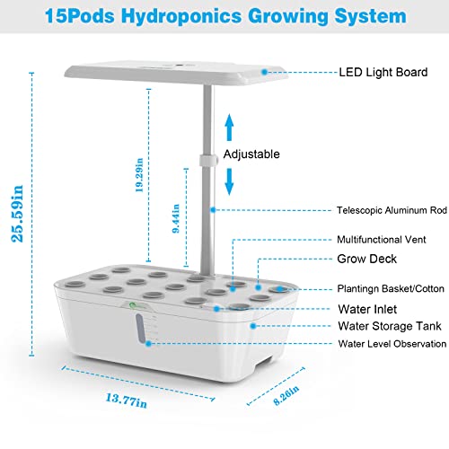 AMORNING Alexa-WiFi Control APP 15Pods 7.5L Hydroponics Growing System Water Tank,Smart Indoor Garden LED Grow Light Included Seeds Built-in Fan,Pump,Up to 19.3"