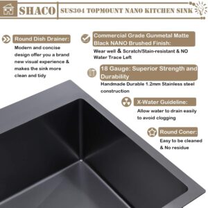 SHACO 25x22 Inch Black Drop In Kitchen Sink, 25 Inch Gunmetal Black RV Laundry Utility Sink, Top Mount 16 Gauge Stainless Steel Single Bowl Deep Small Kitchen Sink