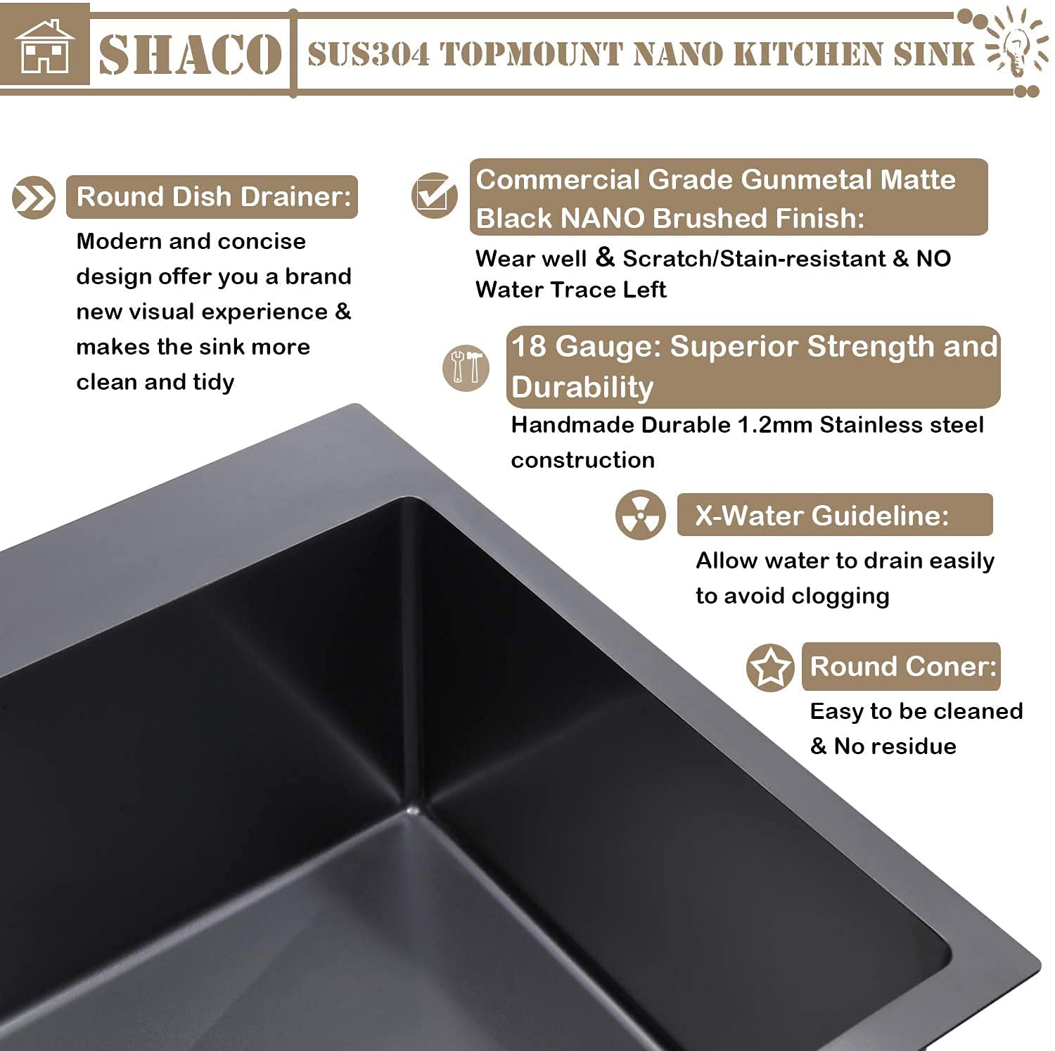 SHACO 25x22 Inch Black Drop In Kitchen Sink, 25 Inch Gunmetal Black RV Laundry Utility Sink, Top Mount 16 Gauge Stainless Steel Single Bowl Deep Small Kitchen Sink