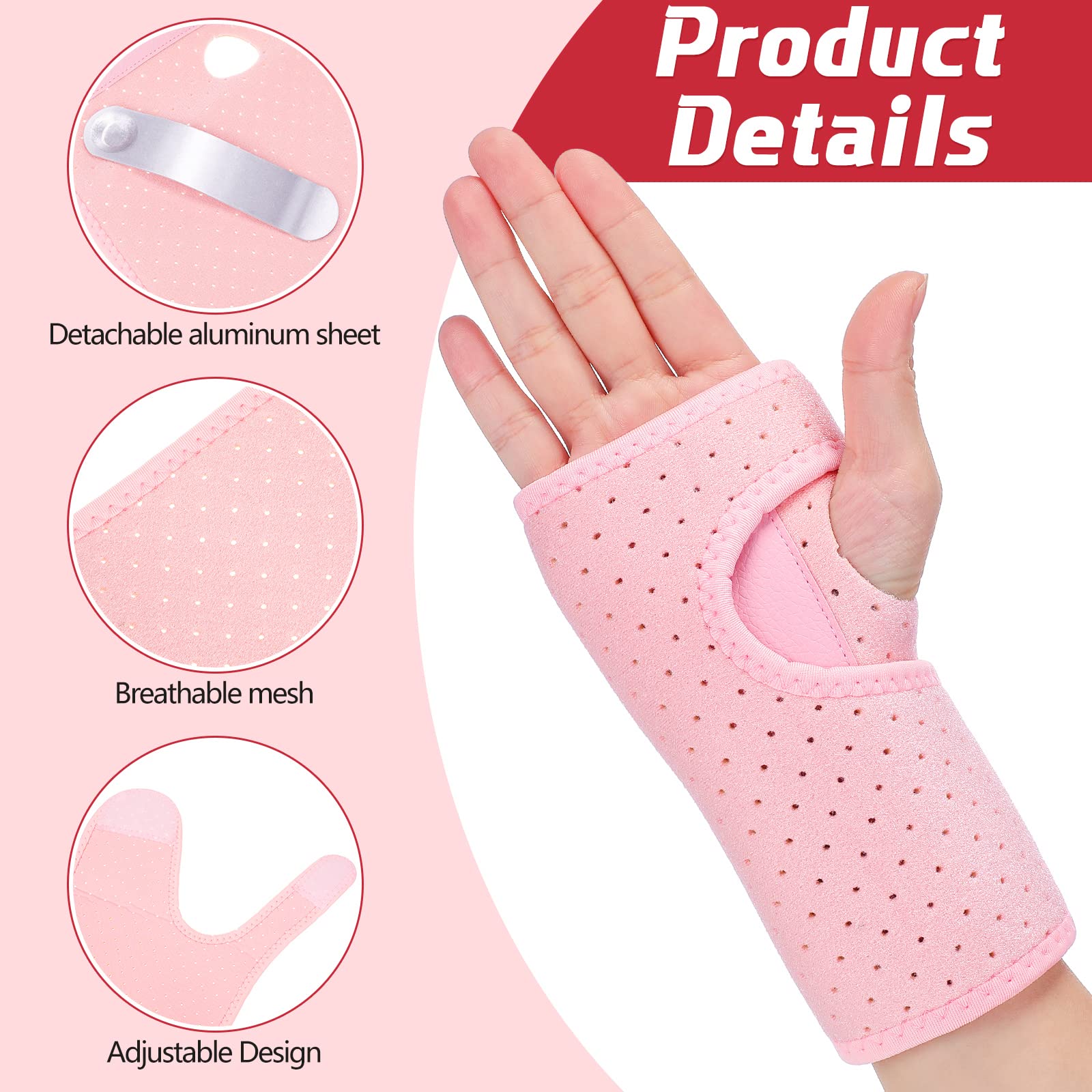 2 Pieces Carpal Tunnel Wrist Braces for Night Wrist Sleep Support Brace Wrist Splint Stabilizer and Hand Brace Cushioned to Help With Carpal Tunnel and Wrist Pain Relief (Breathable Style, Pink)