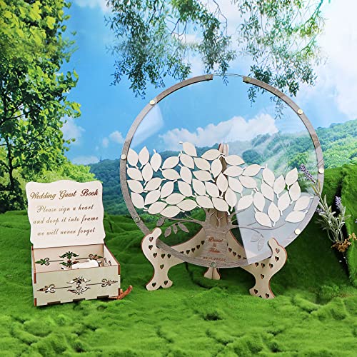 Tree with Leaves Wedding Guest Book Alternative with Box and Small Leafs,Personalized Drop Round Wedding Guest Book for Rustic Wedding Decorations and Anniversary